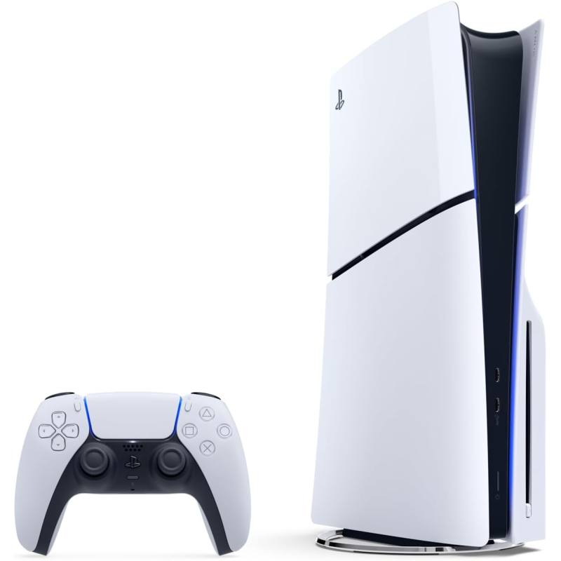 تصویر پلی استیشن فایو (PS5) نسخه استاندارد (PS5 standard edition) مدل اسلیم بهمراه دسته بصورت ایستاده