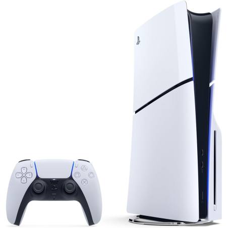 تصویر پلی استیشن فایو (PS5) نسخه استاندارد (PS5 standard edition) مدل اسلیم بهمراه دسته بصورت ایستاده